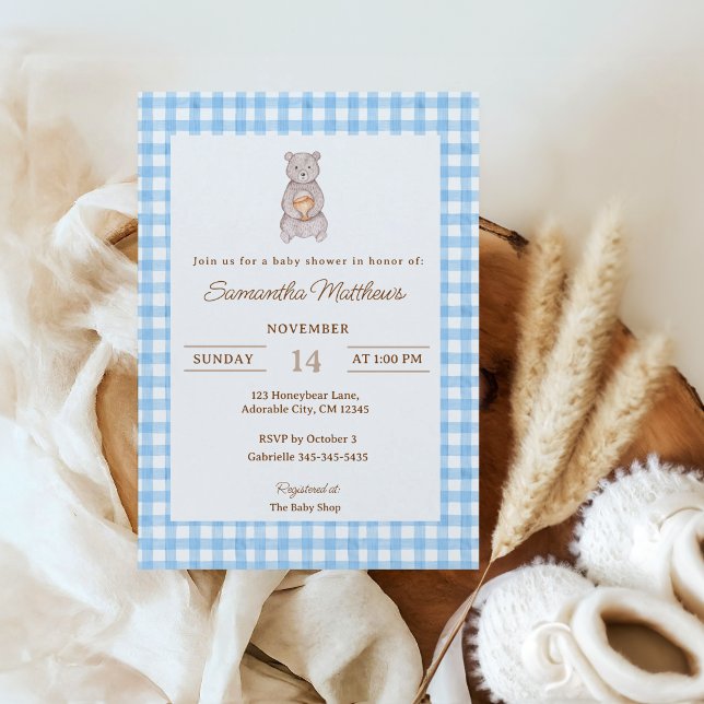Convite Chá de Bebê Xadrez Azul Urso Rústico Aquarela (Rustic Bear Blue Gingham Invitation)