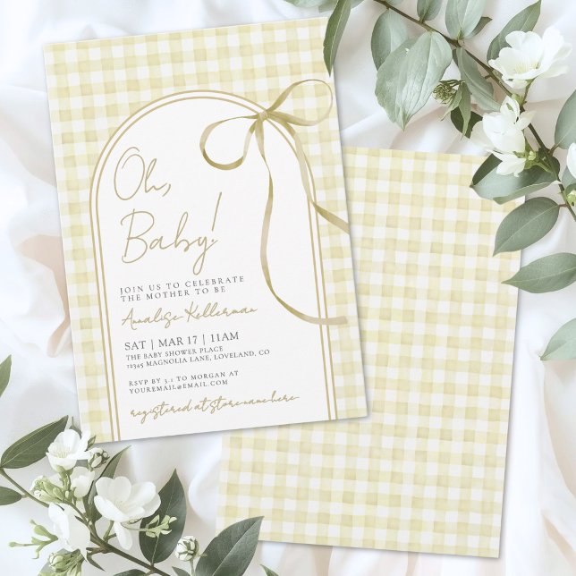 Convite Chá de Bebê Xadrez com Laço Amarelo (Yellow Bow Gingham Baby Shower Invitation)