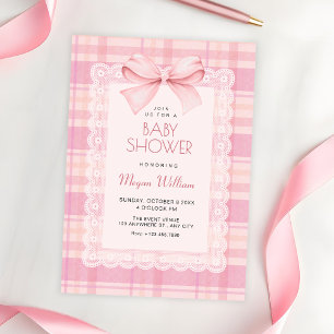 Convite Chá de bebê xadrez com laço rosa
