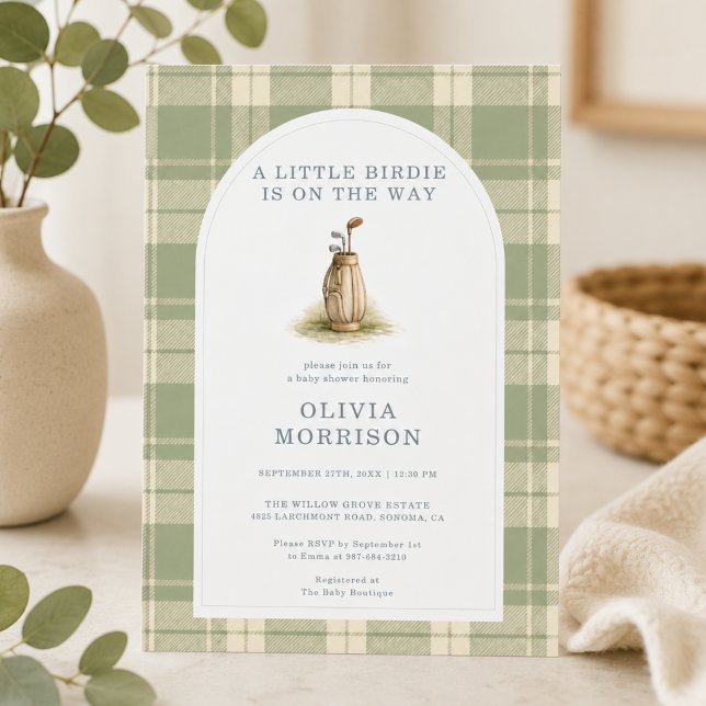 Convite Chá de Bebê Xadrez de Golfe Little Birdie (Criador carregado)