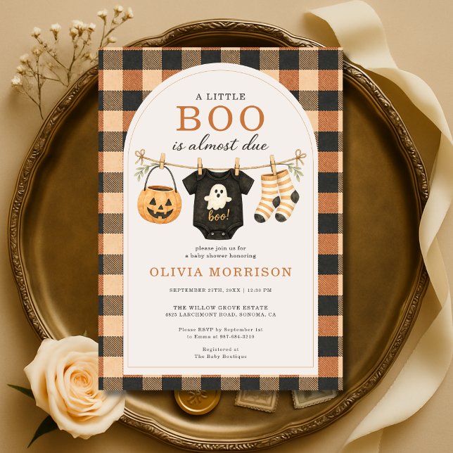 Convite Chá de Bebê Xadrez de Halloween Little Boo (Criador carregado)