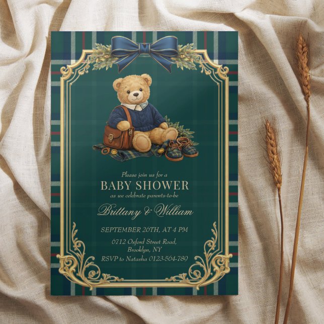 Convite Chá de Bebê Xadrez de Urso Teddy Luxo Preppy (Criador carregado)