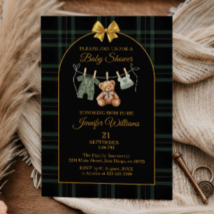 Convite Chá de Bebê Xadrez Elegante Urso de Pelúcia com La