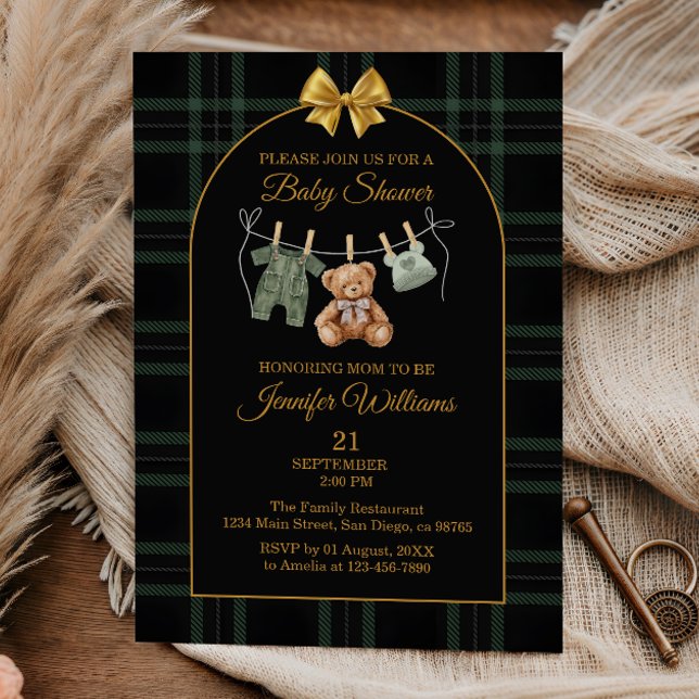 Convite Chá de Bebê Xadrez Elegante Urso de Pelúcia com La (Criador carregado)