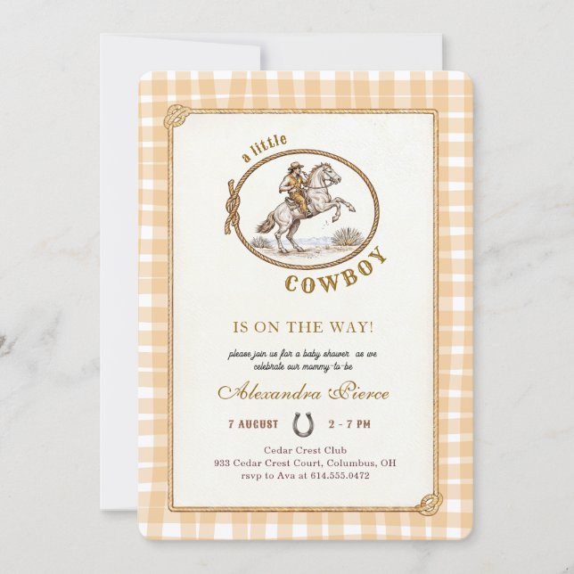 Convite Chá de Bebê Xadrez Gingham Caubói Ocidental (Frente)