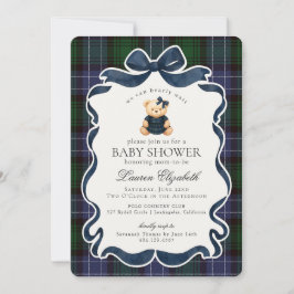 Convite Chá de Bebê Xadrez Preppy Coquette Bow Bear