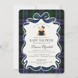 Convite Chá de Bebê Xadrez Preppy Coquette Bow Bear