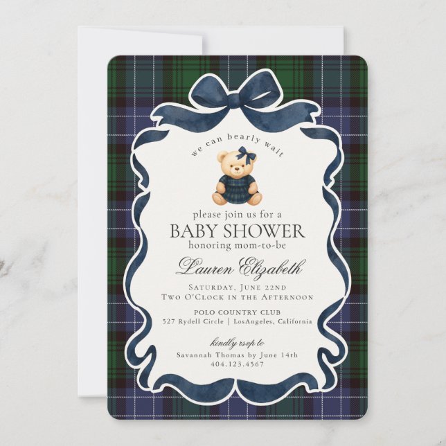 Convite Chá de Bebê Xadrez Preppy Coquette Bow Bear (Frente)