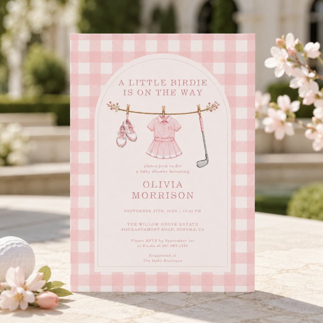 Convite Chá de Bebê Xadrez Rosa Menina de Golfe Little Bir (Criador carregado)