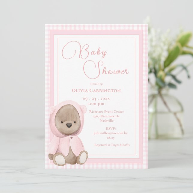 Convite Chá de Bebê Xadrez Rosa Urso Vintage (Em pé/Frente)