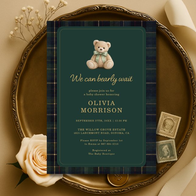 Convite Chá de Bebê Xadrez Tartan Verde Bearly Wait (Criador carregado)