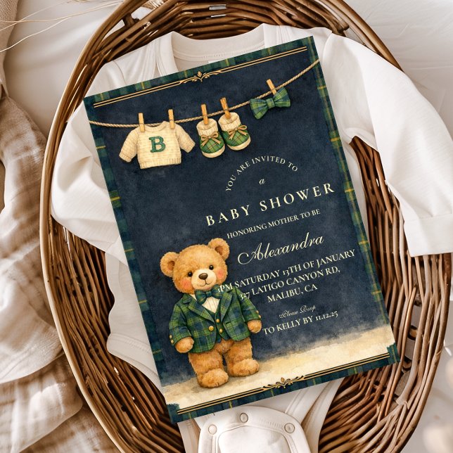 Convite Chá de Bebê Xadrez Teddy Preppy (Criador carregado)