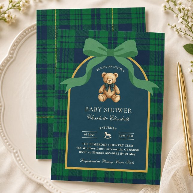 Convite Chá de Bebê Xadrez Teddy Preppy (Preppy Teddy Bear Gingham Plaid Baby Shower Invitation)