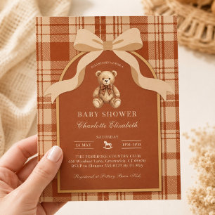 Convite Chá de Bebê Xadrez Urso Teddy Clássico Préppy