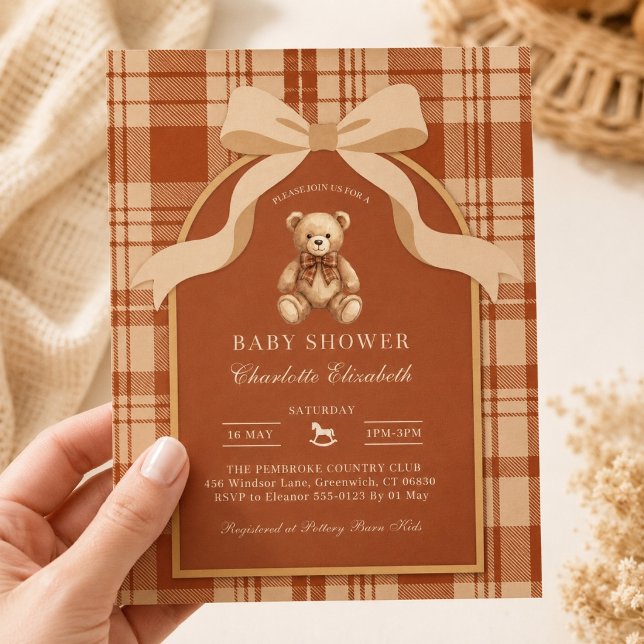 Convite Chá de Bebê Xadrez Urso Teddy Clássico Préppy (Classic Preppy Teddy Bear Plaid Baby Shower Invitation)