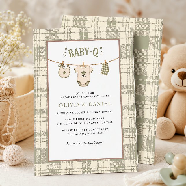 Convite Chá de Bebê Xadrez Verde Salvia Cozy BBQ (Sage Green Gingham Baby Shower Cozy BBQ Invitation)