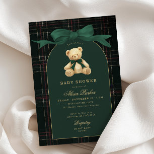 Convite Chá de bebê xadrez verde urso de pelúcia preppy vi