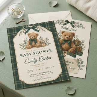 Convite Chá de Bebê Xadrez Verde Urso de Pelúcia Vintage