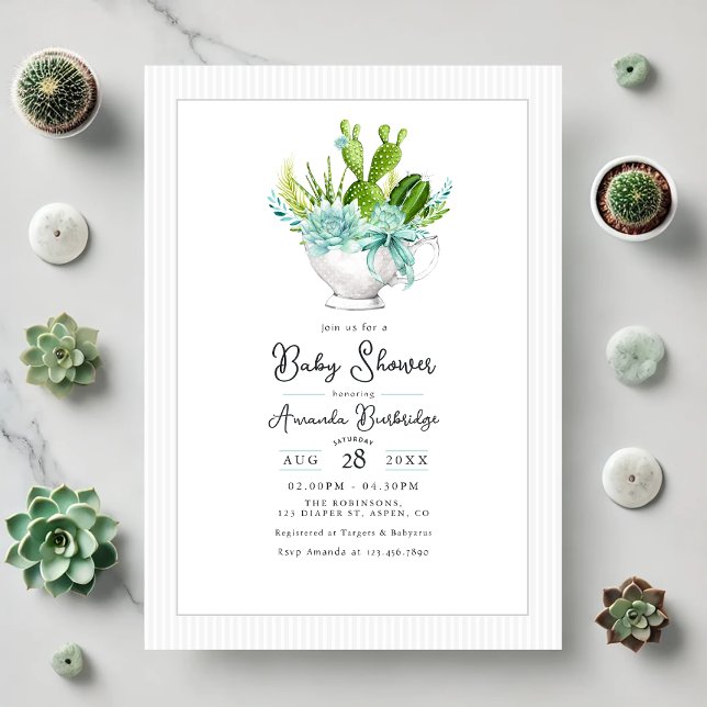 Convite Chá de Bebê Xícara Encantadora com Suculentas (Charming Succulent Teacup Baby Shower Invitation)