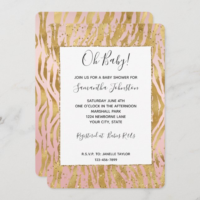 Convite Chá de Bebê Zebra Brilho Dourado Rosa (Frente/Verso)