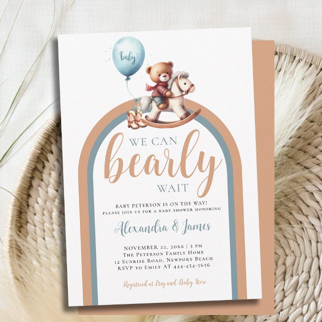 Convite Chá de Bebezinho Arocador Baixo Esperado (we can bearly wait baby boy shower invitation retro boho arch rocking chair balloon brown blue)