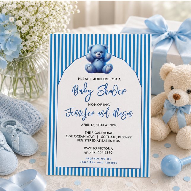 Convite Chá de Bebezinho do Urso Cinzento Azul (Cute Blue Teddy Bear Vintage Baby Boy Shower Invitation)