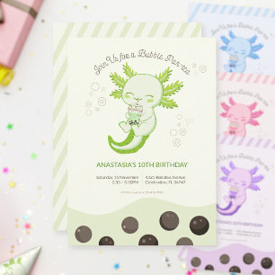 Convite Chá de Boba de Bolha de Axolote Verde Aniversário 