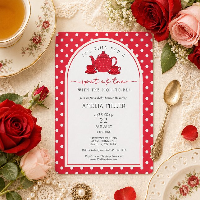 Convite Chá de Bolinhas Vermelhas para a Mamãe de Babyshow (Red Polka dot Tea with the Mom-to-be Baby Shower Invitation)