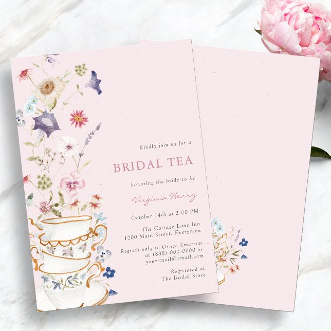 Convite Chá de Bridal Floral Rosa (Elegant Pink Floral Bridal Tea Invitation by Painted Paperie
)