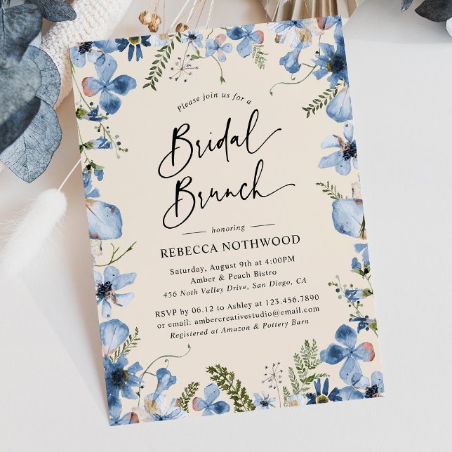 Convite Chá de Brunt Floral Bridal Azul Moderno Boho Dusty (Criador carregado)