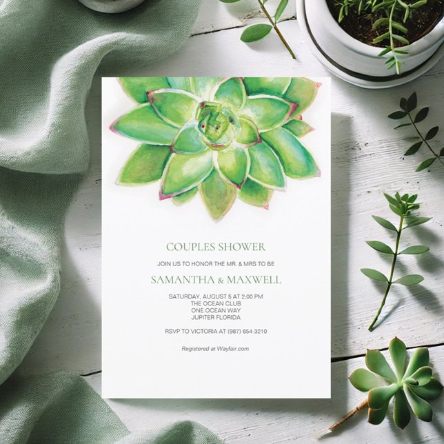 Convite Chá de Casais com Sucultura de Aquarela (Bridal shower invitations simple watercolor succulent by Victoria Grigaliunas Do Tell A Belle)