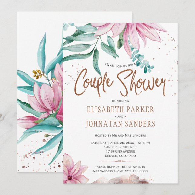 Convite Chá de casais cor-de-rosa brilhante casal de cobre (Frente/Verso)