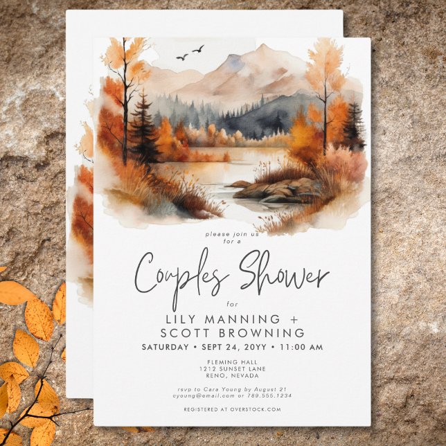 Convite Chá de Casais de Aquarela Russo Fall Mountain (Rustic Fall Mountain Scene Watercolor Couples Shower Invitation)