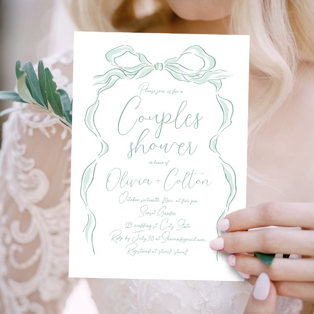 Convite Chá de Casais de Arco desenhados à Mão Verde Elega (Elegant Light Green Hand Drawn Bow Couples Shower Invitation)