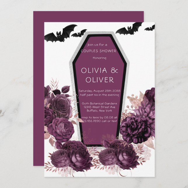 Convite Chá de Casais de Bats de Coffin de Púrpura de Prat (Frente/Verso)