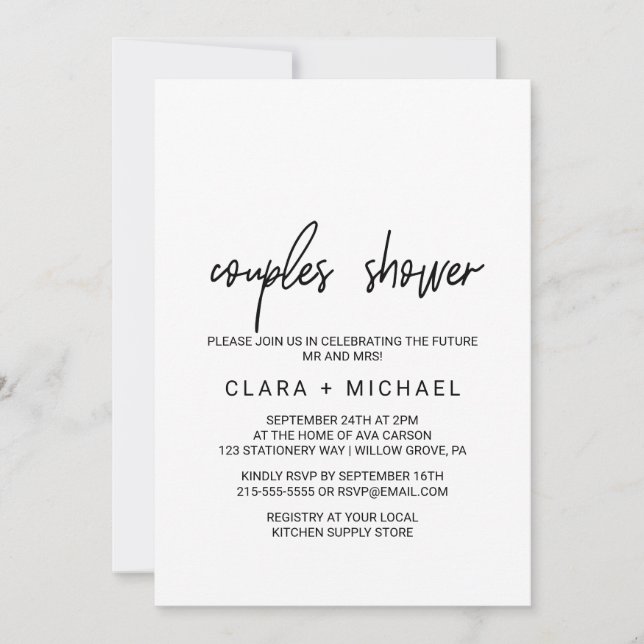 Convite Chá de Casais de Caligrafia Whimsical (Frente)