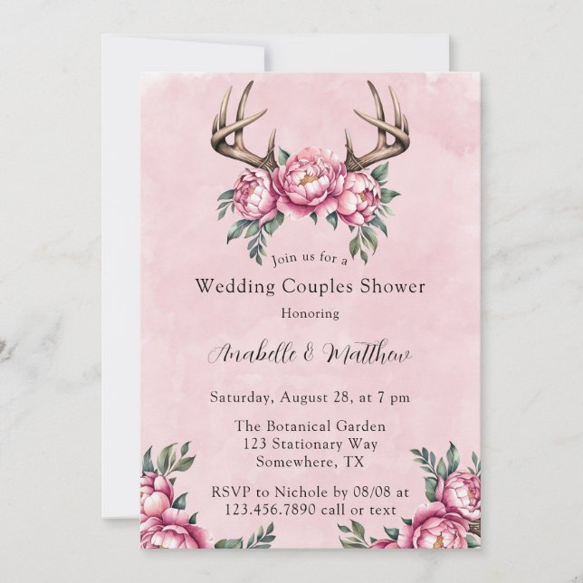 Convite Chá de Casais de Casamento Boho Antler Pink Peonie (Frente)