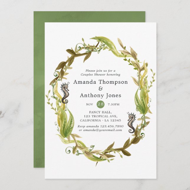 Convite Chá de Casais de Casamento de Algas Marítimas Náut (Frente/Verso)