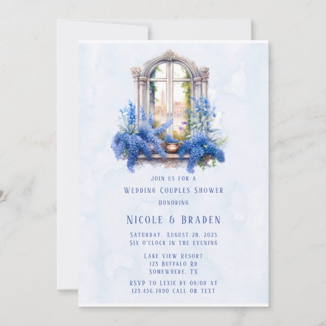 Convite Chá de Casais de Casamento Floral Azul (Frente)
