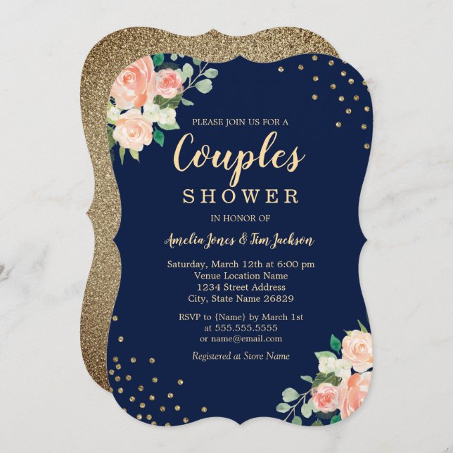Convite Chá de Casais de Casamento Floral Confetti Dourado (Frente/Verso)