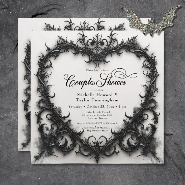 Convite Chá de Casais de coração preto e branco (Gothic Black & White Filigree Heart Couples Shower Invitation)