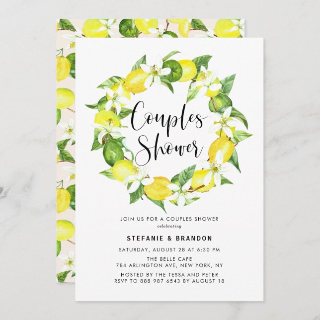 Convite Chá de Casais de excursão com limão de aquarelas (Frente/Verso)
