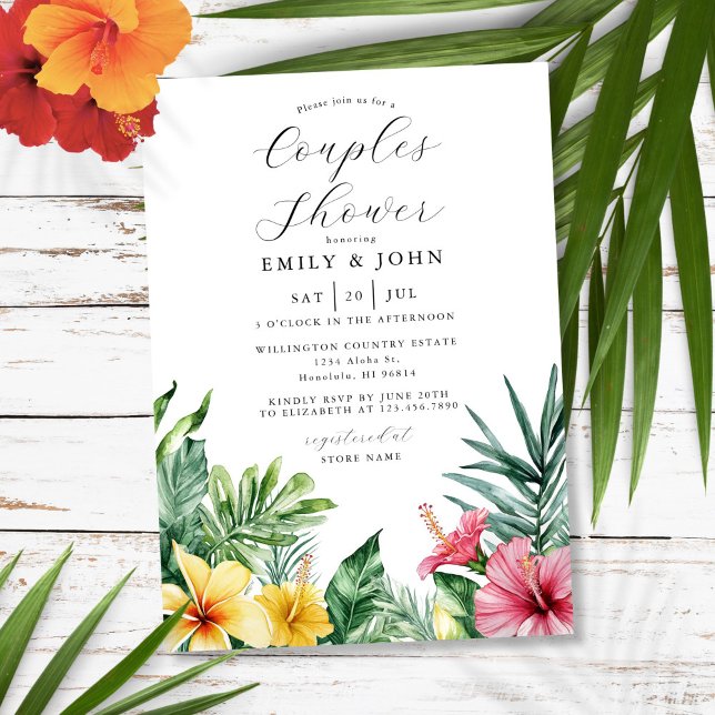 Convite Chá de Casais de Flores Tropicais de Aquarela (Watercolor Tropical Flowers Couples Shower Invitation)