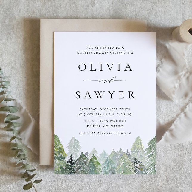 Convite Chá de Casais de Floresta Evergreen Snowy Watercol (Couples shower invitation with snowy watercolor pine forest, ideal for rustic winter celebrations.)