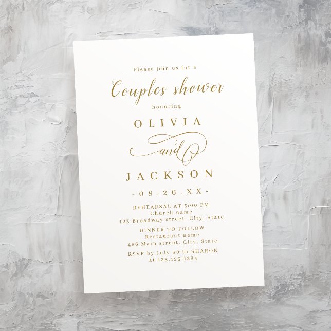 Convite chá de casais de guião romântica Dourado e elegant (Gold simple elegant romantic script couples shower invitation)