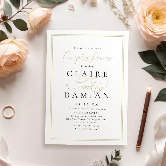 Convite chá de casais de guião romântica Dourado e elegant (Gold simple eleganc romantic script couples shower invitation)