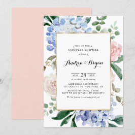 Convite Chá de Casais de Hydrangeas Azuis e Rosas Rosa