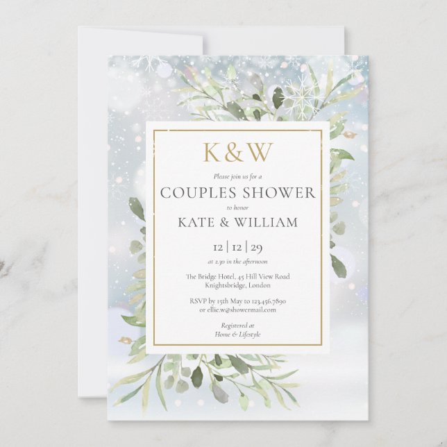 Convite Chá de Casais de inverno Dourado com Monograma Ver (Frente)