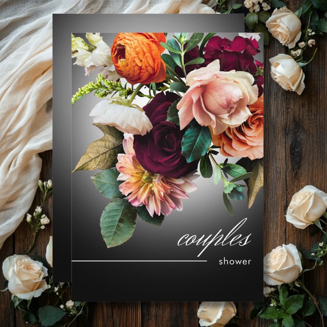 Convite Chá de Casais de Romance Floral Laranja Escuro (Dark Burgundy Orange Floral Romance Couples Shower Invitation)
