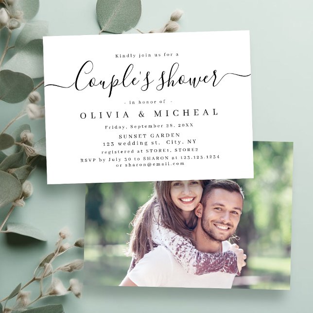 Convite Chá de casais de script simples moderno (Modern simple elegant script couples shower invitation)